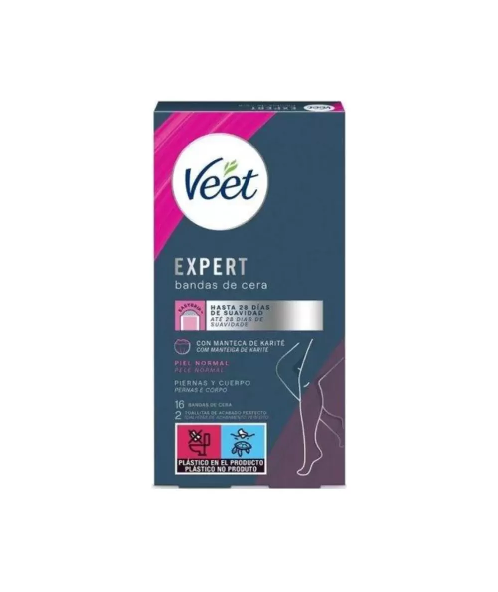 VEET Bandas Depiladoras Profesionales - Elimina el Vello de Piernas y Cuerpo Suavemente, Pack Familiar con 16 Tiras (4 Unidades) para Piel Normal ¡Resultados Visibles al Instante!