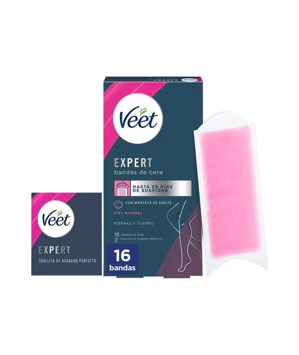 VEET Bandas Depiladoras Profesionales - Elimina el Vello de Piernas y Cuerpo Suavemente, Pack Familiar con 16 Tiras (4 Unidades) para Piel Normal ¡Resultados Visibles al Instante!